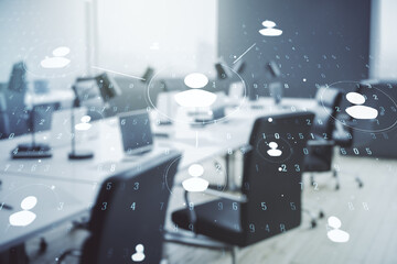 Double exposure of abstract virtual social network icons on modern corporate office background. Marketing and promotion concept