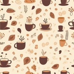 Seamless pattern of coffee cup in doodle style and soft brown.
