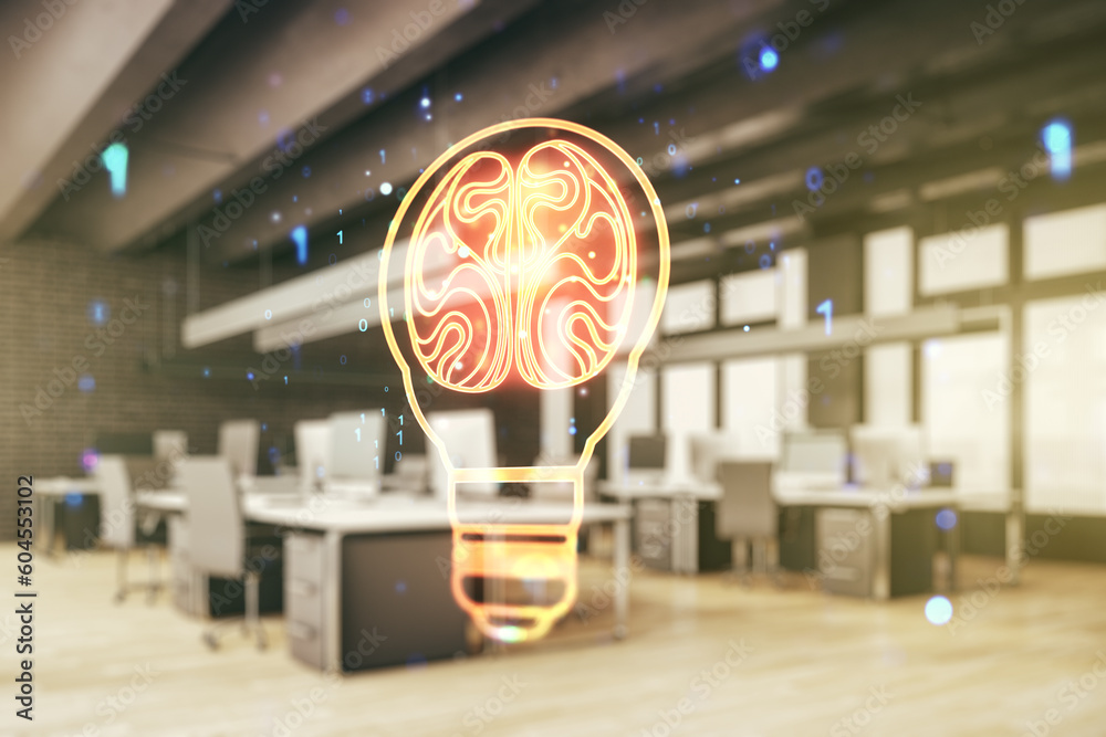 Poster Double exposure of abstract virtual creative light bulb hologram with human brain on modern corporate office background, idea and brainstorming concept