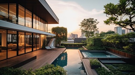 Obraz premium Contemporary Living Redefined with a Modern Glass House and Inviting Pool