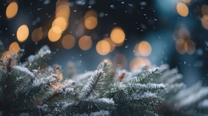 Naklejka premium Winter Christmas trees and pine trees in bright decorative lights of garlands and bokeh. New Year background. Festive seasonal Christmas bright background. Holiday poster and banner. generative ai