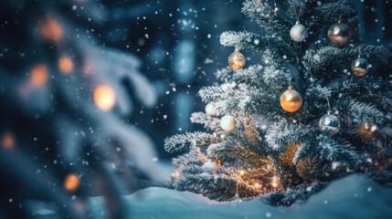 Winter Christmas trees and pine trees in bright decorative lights of garlands and bokeh. New Year background. Festive seasonal Christmas bright background. Holiday poster and banner. generative ai