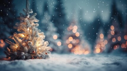 Fototapeta na wymiar Winter Christmas trees and pine trees in bright decorative lights of garlands and bokeh. New Year background. Festive seasonal Christmas bright background. Holiday poster and banner. generative ai