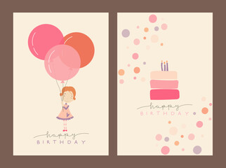 Birthday card. Greeting card. Invitation. Save the date. Festive decor. Cake, cupcake, candles, balloons, gifts	

