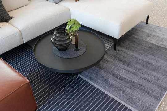 Modern Interior Design Of Living Room With Black And White Carpet, Close Up.