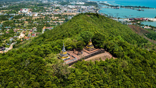 The Two Stupas on Khai Muang Hill (Black and white pagoda or TWO BROTHERS PAGODA). Songkhla ancient town at Hua Khao, Singhanakhon, Songkhla, Thailand