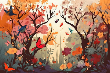 Colourful vector style illustration of flowers, trees, plants and butterflies. Generative AI.