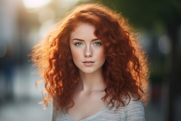 Portrait of a young woman with rich red color hair in the city. High quality photo Generative AI