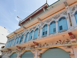 Photograph of the front of the Sino-Portuguese architectural building beautiful colors in the daytime