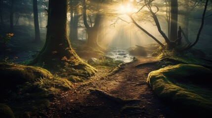 A dreamlike setting - a whimsical forest with sunrays, a place where anything is possible