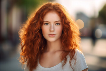 Obraz premium Portrait of a young woman with rich red color hair in the city. High quality photo Generative AI