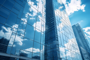 Fototapety  Reflective skyscrapers, business office buildings. Low angle photography of glass curtain wall details of high-rise buildings.The window glass reflects the blue sky and white clouds. Generative AI