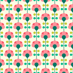 Fototapeta premium Retro cute geometric flower and leaf seamless pattern background.