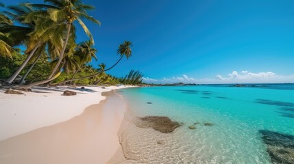 Fototapeta na wymiar a beach with white sand, sapphire water, and palm trees