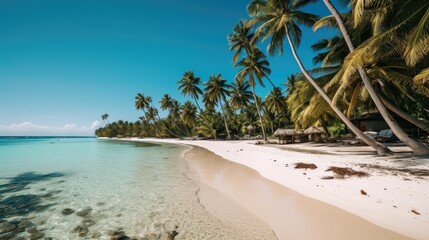 a beach with white sand, crystal-clear water, and swaying palm trees