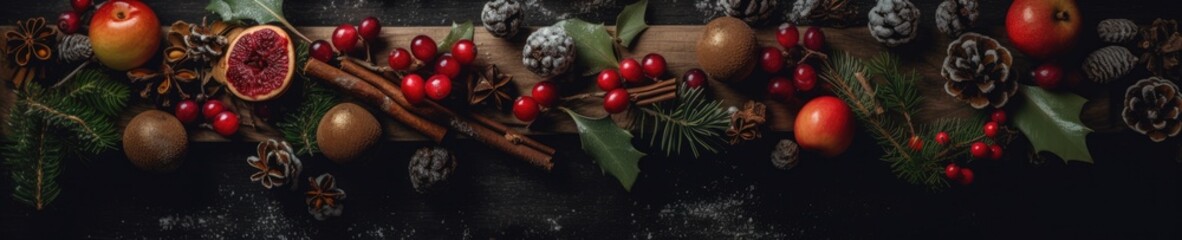 Horizontal banner with cookies about fruits. Christmas and New Year background. Festive seasonal Christmas bright background. Holiday poster and banner, greeting card. generative ai