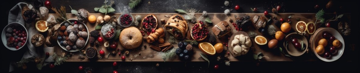 Obraz na płótnie Canvas Horizontal banner with cookies about fruits. Christmas and New Year background. Festive seasonal Christmas bright background. Holiday poster and banner, greeting card. generative ai