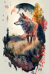 A colourful watercolor illustration of a wolf.