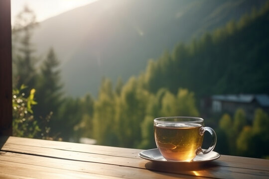 Food, leisure and travel concept. Cup of tea placed on table in green mountains landscape background background during early morning. Sun illuminating balcony. Generative AI
