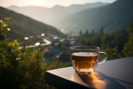 Food, leisure and travel concept. Cup of tea placed on table in green mountains landscape background background during early morning. Sun illuminating balcony. Generative AI