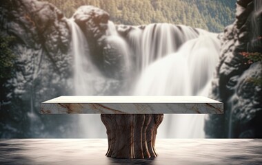 Empty Marble Table with Blur Waterfall Background. Product Showcase.