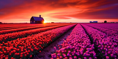 Tulip fields bloom with vibrant colors under the springtime Dutch sun, Generative AI