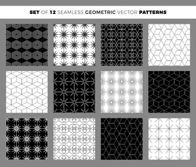 Set of 12 geometric seamless patterns. Collection of vector black and white patterns for textiles, wallpapers, wrapping paper, packaging.