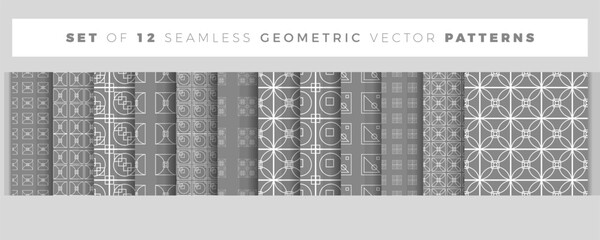 Set of 12 geometric seamless patterns. Collection of vector gray and white patterns for textiles, wallpapers, wrapping paper, packaging.