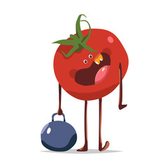 Cute tomato doing fitness exercises vector cartoon vegetable character isolated on a white background.