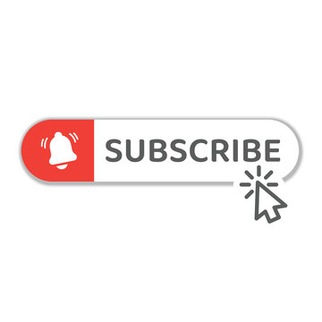 Subscribe push button with mouse arrow. Cursor click, bell notification red vector.