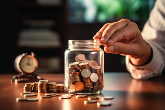 Time is money. Retirement savings concept. Money jar and clock with old man hand collecting coins. High quality photo Generative AI