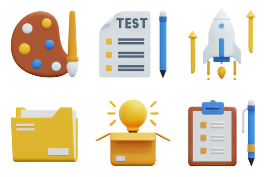 Design Thinking 3d vector icon set. Paint palette, test, startup, folder, think outside the box, clipboard. Isolated on white background. 3d icon vector render illustration.