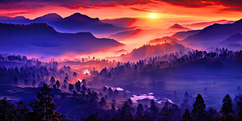 Mountaintop sunrise bathes the misty valley in radiant hues, Generative AI