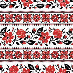Seamless Pattern with Red Rose and Mallow Inspired by Ukrainian Traditional Embroidery. Ethnic Floral Motif, Handmade Craft Art. Ethnic Design. Horizontal Oriented Stripes. Vector Illustration