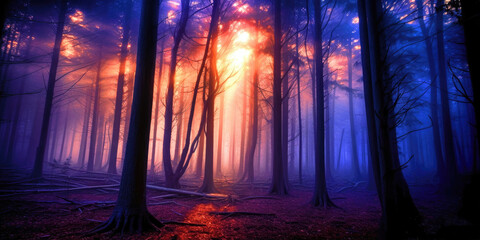 Hauntingly beautiful forest shrouded in fog, pierced by sun's first light, Generative AI