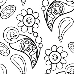 Folkloric Seamless Pattern with Paisley Flower, Nature Inspired Design Element. Ornate Abstract Pattern. Endless Texture for Fabric, Wallpaper etc. Vector Illustration Coloring Book Page
