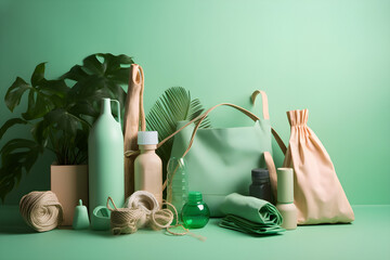 eco-friendly products such as reusable water bottles, shopping bags, and household items on green background, Generative AI - obrazy, fototapety, plakaty
