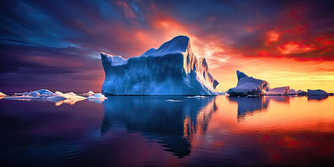 Grandiose icebergs float amidst the serene expanse of the Arctic Ocean, Generative AI