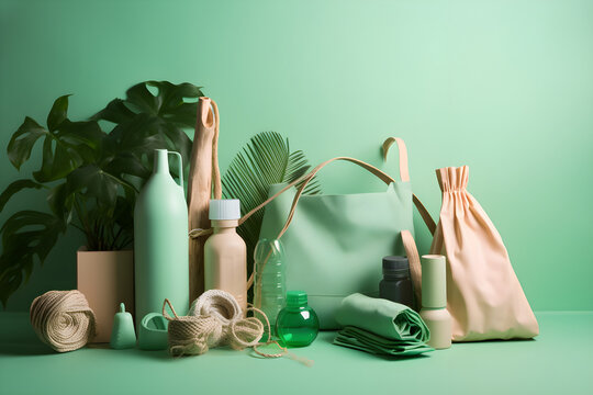 Eco-friendly Products Such As Reusable Water Bottles, Shopping Bags, And Household Items On Green Background, Generative AI