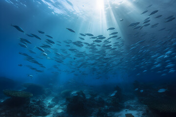 Fototapeta na wymiar a shoal of small fish swims underwater in the sun, Generative AI