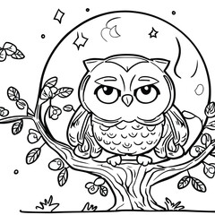 Coloring book Coloring page with cute owl and flowers. Outline drawing style