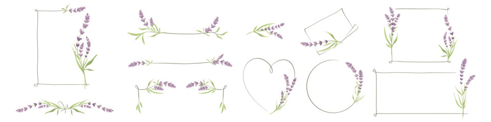 Frames from lavender flowers. Sketch in lines, freehand drawing. Set vector illustrations, summer flowers borders. - obrazy, fototapety, plakaty
