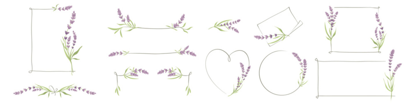 Frames from lavender flowers. Sketch in lines, freehand drawing. Set vector illustrations, summer flowers borders.