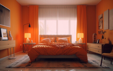 Charming Orange Bedroom with Designer Accents, Generative AI	