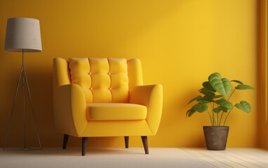 living interior bright yellow armchair in cozy living room with dark yellow wall background, Generative AI	