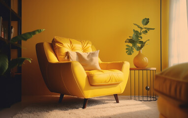 modern living room bright yellow armchair in cozy living room with dark yellow wall background, Generative AI	