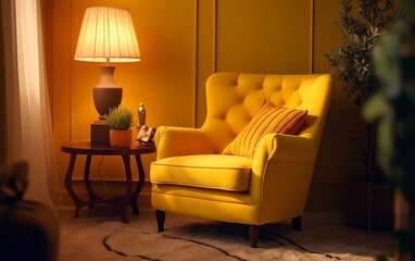 Bright yellow armchair in cozy living room with dark yellow wall background, Generative AI	

