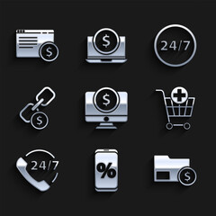 Set Computer monitor with dollar, Percent discount and mobile, Envelope coin, Add Shopping cart, Telephone 24 hours support, Chain link, Clock and Online shopping screen icon. Vector