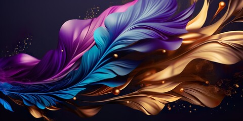 Banner Luxury Abstract Background Feathers.Liquid Violet Purple, Golden Paint, horizontal background. Generative AI