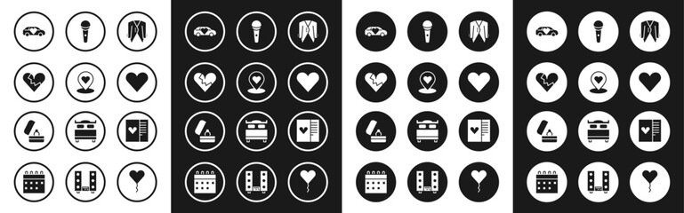 Set Suit, Location with heart, Broken or divorce, Limousine car, Heart, Microphone, Postcard and Wedding rings icon. Vector